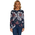 Flower Pattern Long Sleeve Crew Neck Pullover Top