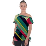 Abstract Geometric Design Pattern Off Shoulder Tie-Up T-Shirt