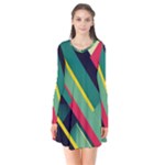 Abstract Geometric Design Pattern Long Sleeve V-neck Flare Dress