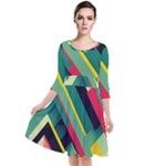 Abstract Geometric Design Pattern Quarter Sleeve Waist Band Dress