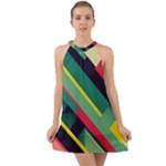 Abstract Geometric Design Pattern Halter Tie Back Chiffon Dress