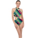 Abstract Geometric Design Pattern Halter Side Cut Swimsuit