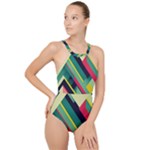 Abstract Geometric Design Pattern High Neck One Piece Swimsuit