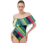 Abstract Geometric Design Pattern Off Shoulder Velour Bodysuit 