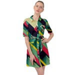 Abstract Geometric Design Pattern Belted Shirt Dress