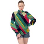 Abstract Geometric Design Pattern High Neck Long Sleeve Chiffon Top