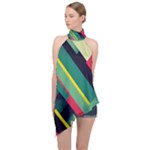 Abstract Geometric Design Pattern Halter Asymmetric Satin Top