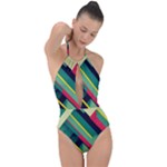 Abstract Geometric Design Pattern Plunge Cut Halter Swimsuit