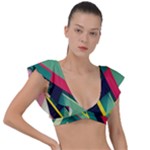 Abstract Geometric Design Pattern Plunge Frill Sleeve Bikini Top