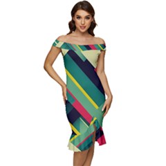 Off Shoulder Ruffle Split Hem Bodycon Dress 