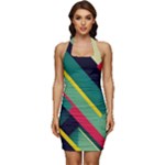 Abstract Geometric Design Pattern Sleeveless Wide Square Neckline Ruched Bodycon Dress