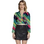 Abstract Geometric Design Pattern Long Sleeve Tie Back Satin Wrap Top