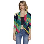 Abstract Geometric Design Pattern Women s 3/4 Sleeve Ruffle Edge Open Front Jacket