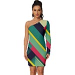 Abstract Geometric Design Pattern Long Sleeve One Shoulder Mini Dress