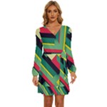 Abstract Geometric Design Pattern Long Sleeve Waist Tie Ruffle Velvet Dress
