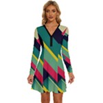 Abstract Geometric Design Pattern Long Sleeve Deep V Mini Dress 