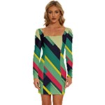 Abstract Geometric Design Pattern Long Sleeve Square Neck Bodycon Velvet Dress