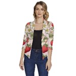 Strawberry Fruit Women s Draped Front 3/4 Sleeve Shawl Collar Jacket