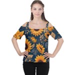 Flower Pattern Spring Cutout Shoulder T-Shirt