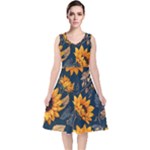 Flower Pattern Spring V-Neck Midi Sleeveless Dress 