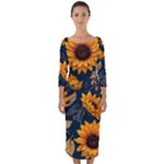 Flower Pattern Spring Quarter Sleeve Midi Bodycon Dress