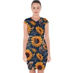 Flower Pattern Spring Capsleeve Drawstring Dress 