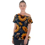 Flower Pattern Spring Off Shoulder Tie-Up T-Shirt
