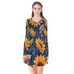 Flower Pattern Spring Long Sleeve V-neck Flare Dress