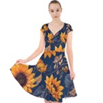 Flower Pattern Spring Cap Sleeve Front Wrap Midi Dress