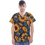 Flower Pattern Spring Men s V-Neck Scrub Top