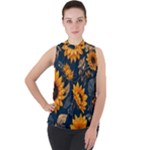 Flower Pattern Spring Mock Neck Chiffon Sleeveless Top