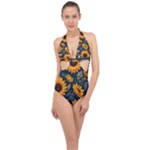 Flower Pattern Spring Halter Front Plunge Swimsuit