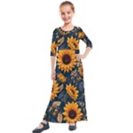 Flower Pattern Spring Kids  Quarter Sleeve Maxi Dress