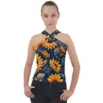 Flower Pattern Spring Cross Neck Velour Top