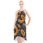Flower Pattern Spring High-Low Halter Chiffon Dress 