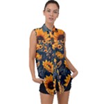 Flower Pattern Spring Sleeveless Chiffon Button Shirt