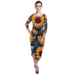 Flower Pattern Spring Quarter Sleeve Midi Velour Bodycon Dress