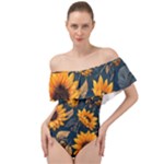 Flower Pattern Spring Off Shoulder Velour Bodysuit 