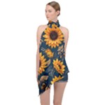 Flower Pattern Spring Halter Asymmetric Satin Top