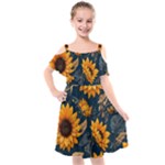 Flower Pattern Spring Kids  Cut Out Shoulders Chiffon Dress
