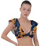 Flower Pattern Spring Plunge Frill Sleeve Bikini Top