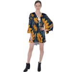Flower Pattern Spring V-Neck Flare Sleeve Mini Dress