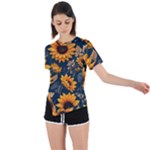Flower Pattern Spring Asymmetrical Short Sleeve Sports T-Shirt
