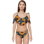 Flower Pattern Spring Ruffle Edge Tie Up Bikini Set	