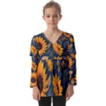 Flower Pattern Spring Kids  V Neck Casual Top