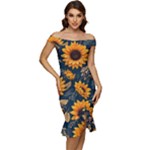Flower Pattern Spring Off Shoulder Ruffle Split Hem Bodycon Dress