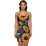 Flower Pattern Spring Sleeveless Wide Square Neckline Ruched Bodycon Dress