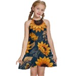Flower Pattern Spring Kids  Halter Collar Waist Tie Chiffon Dress