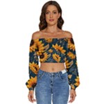 Flower Pattern Spring Long Sleeve Crinkled Weave Crop Top