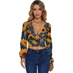 Flower Pattern Spring Long Sleeve Deep-V Velour Top